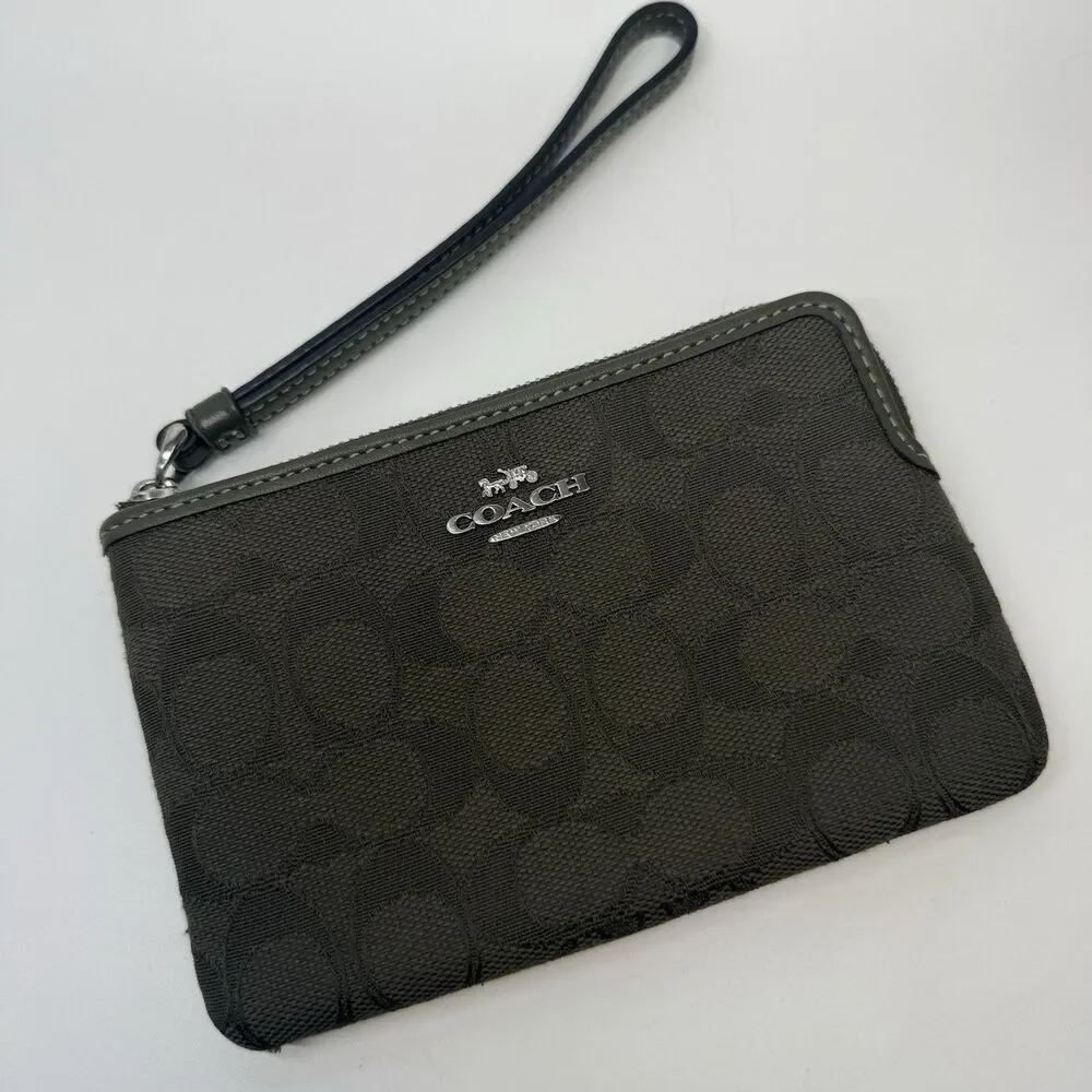 Coach Corner Zip Wristlet Charcoal Signature Jacquard Canvas Leather Strap Pouch